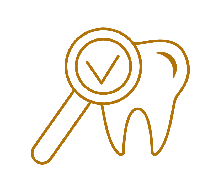 Icon Zahnvorsorge und professionelle Zahnreinigungen Zahn mit Lupe und Häkchen, symbolisiert Zahngesundheit und -überprüfung.