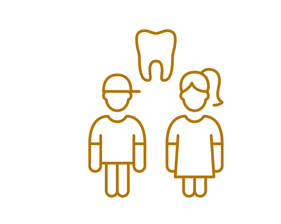 Icon Kinderzahnmedizin Zwei stilisierte Figuren, ein Junge und ein Mädchen, mit einem Zahn über ihnen.