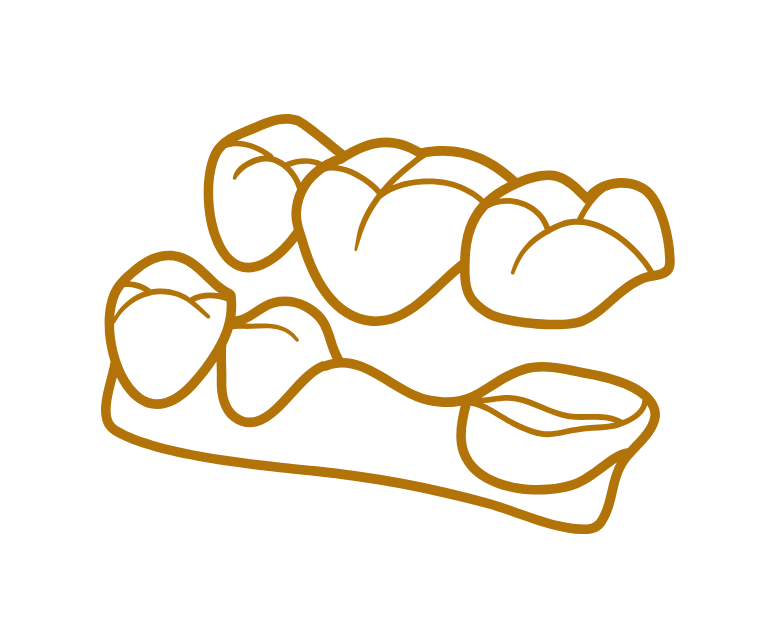 Icon Zahnersatz Zwei zahnartige Strukturen in orangefarbener Kontur auf weißem Hintergrund, was eine Brücke als Zahnersatz darstellen soll